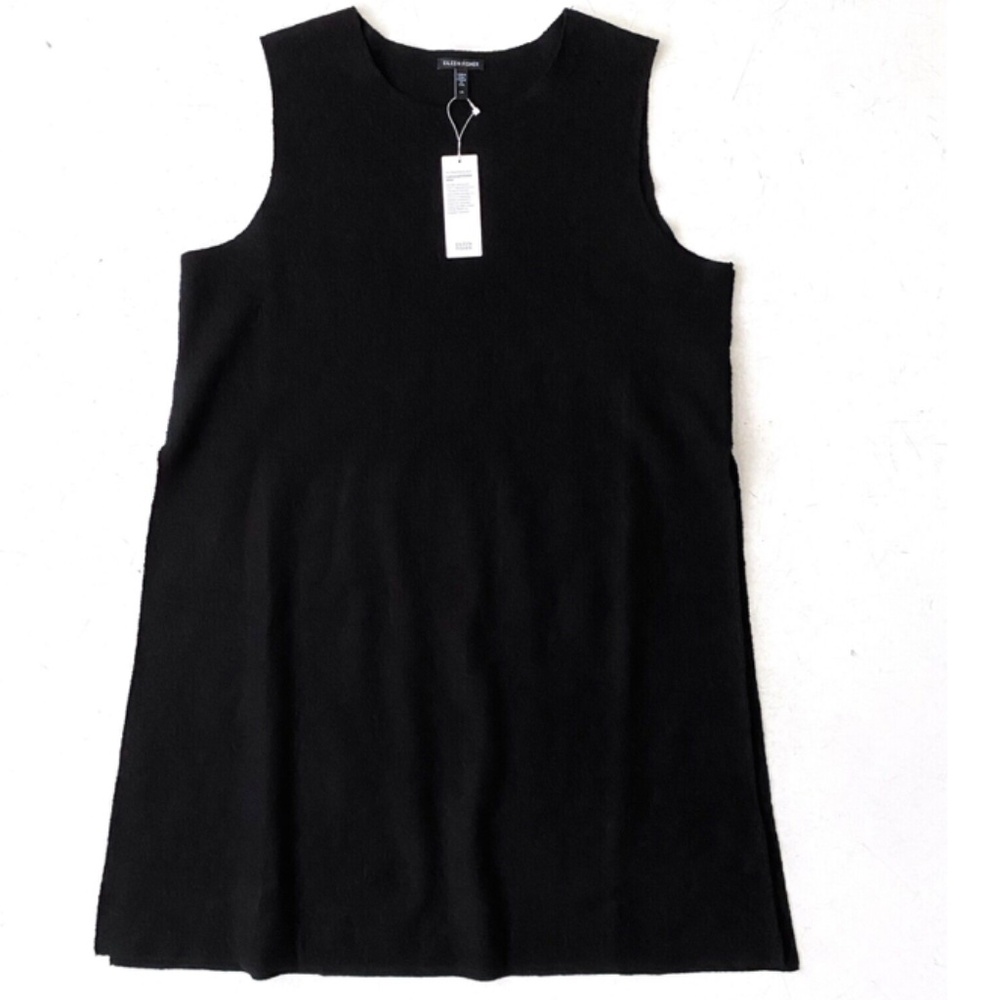 Eileen Fisher Nwt Boiled Wool Sleeveless Side Slit Long Tunic Top Black Large L